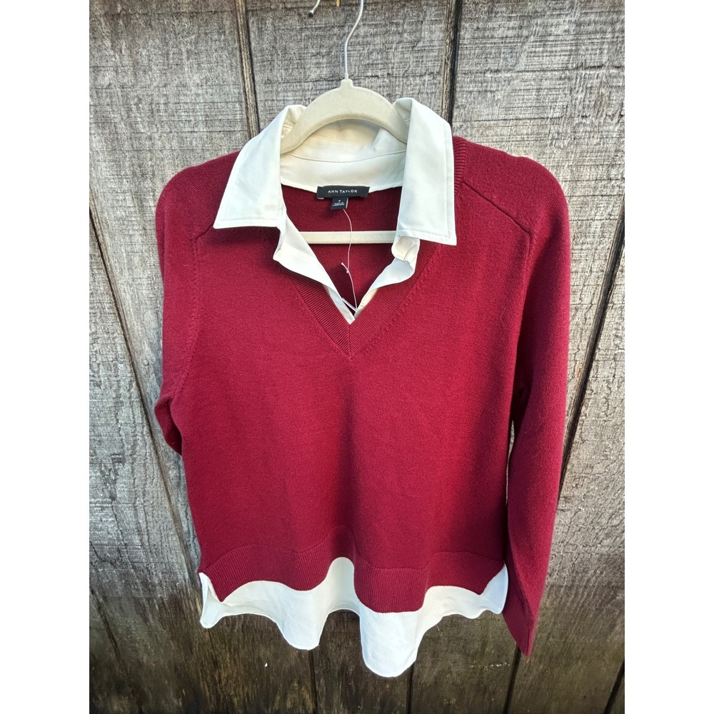 Ann Taylor Mixed Media Sweater Red Layered Look Collared Preppy Workwear Capsule